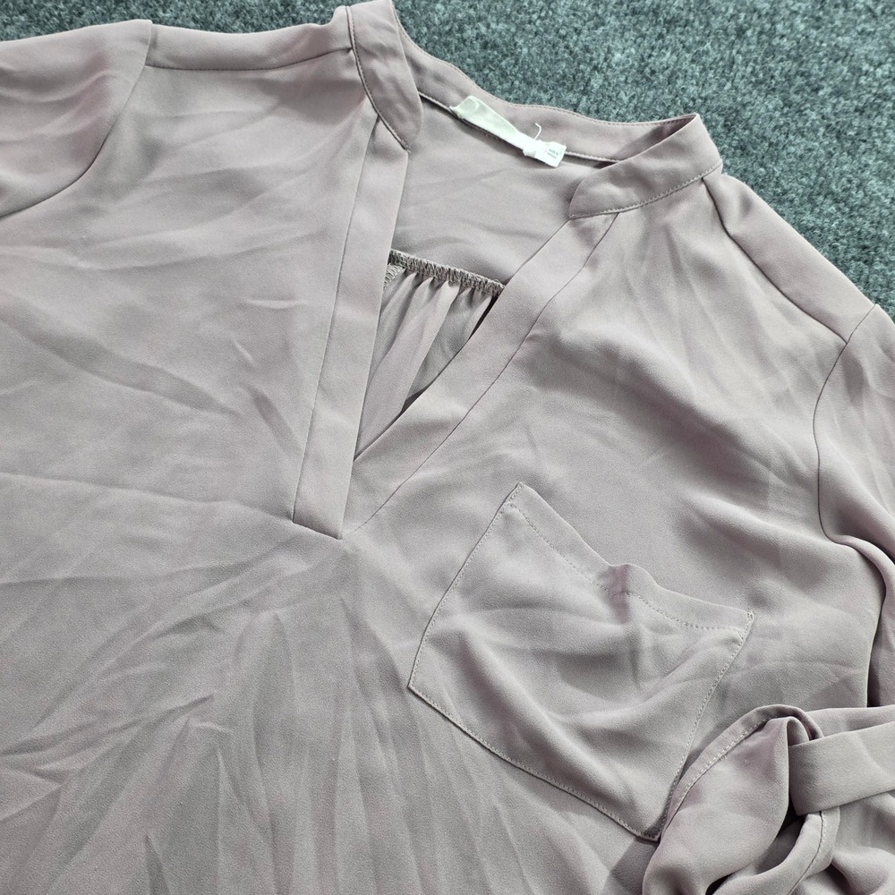 Lush Blouse Tunic Roll Tab Sleeve V-Neck Split Neck Mauve Pink Small Womens Top